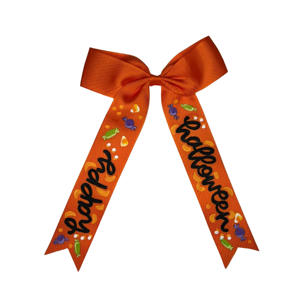 Orange bow with 'Happy Halloween' text on a white background